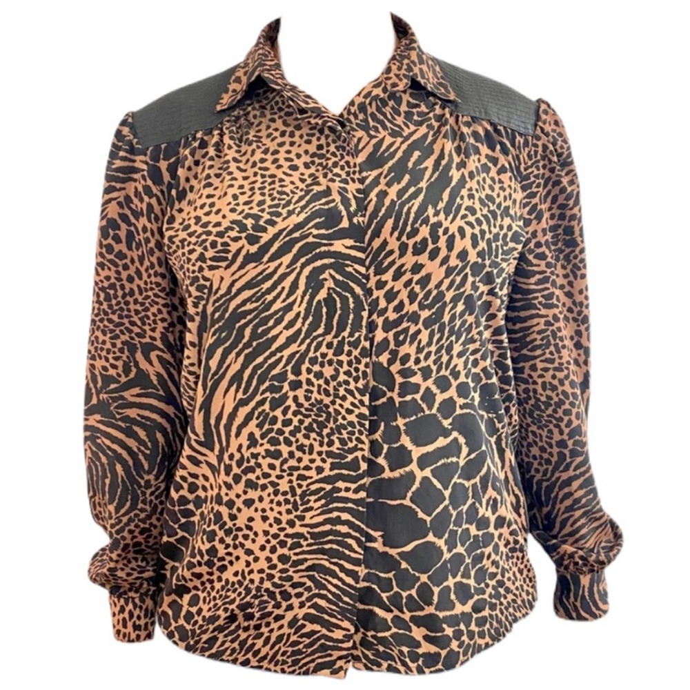 Jordan Animal Print Faux Leather Shoulder Brown and Black Button Up Blouse